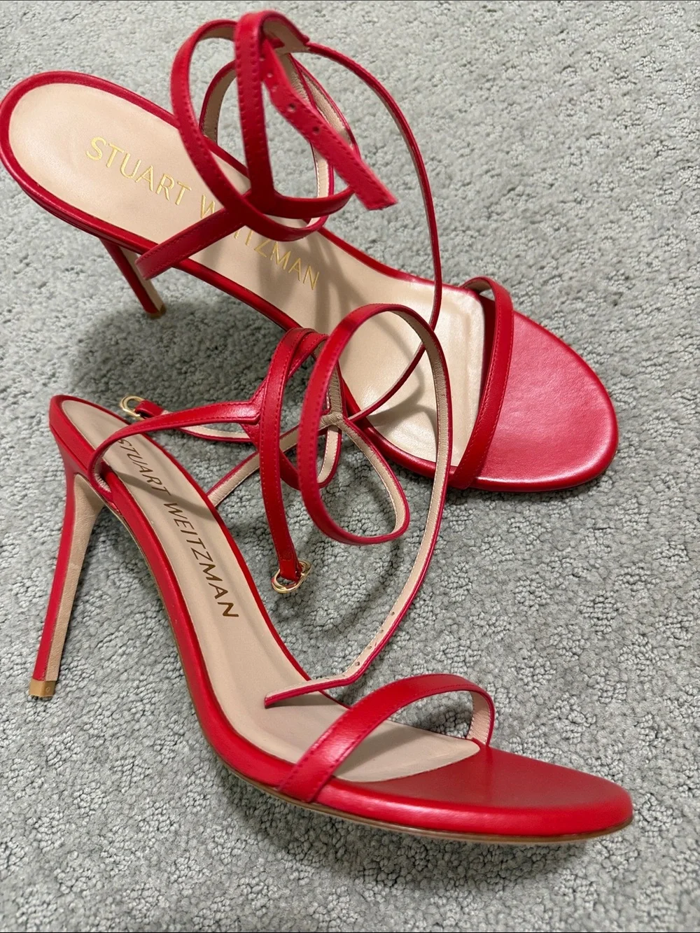 Stuart Weitzman RED leather Ankle-Strap Stiletto Sandals Barelynude 100 wrap 10🔥